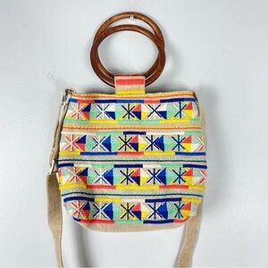 2/$30 Lulu Canvas Handbag Boho Wooden Handles Aztec Print Multicolor with Strap
